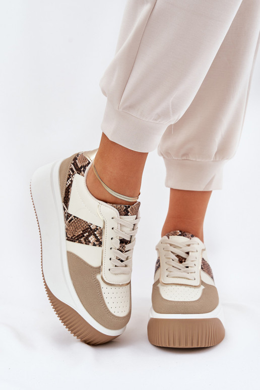 Chaussures modèle baskets Féminin avec une plateforme Motif animalier beige Telanila Chaussures modèle baskets Féminin avec une plateforme Motif animalier beige Telanila