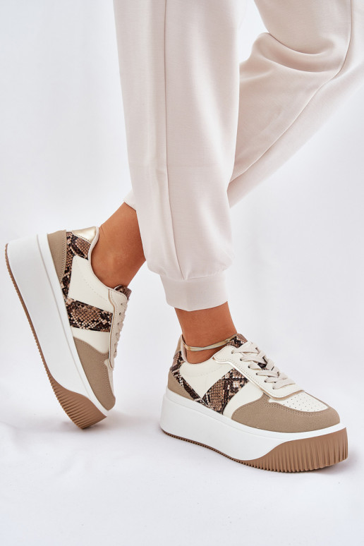 Sneakers model schoenen Dames met platform Dierlijk patroon beige Telanila Sneakers model schoenen Dames met platform Dierlijk patroon beige Telanila