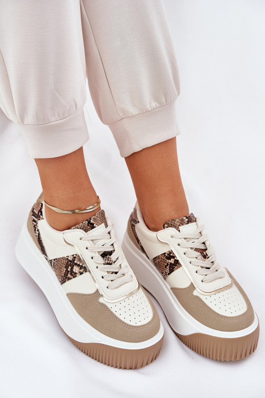 Sneakers model schoenen Dames met platform Dierlijk patroon beige Telanila Sneakers model schoenen Dames met platform Dierlijk patroon beige Telanila