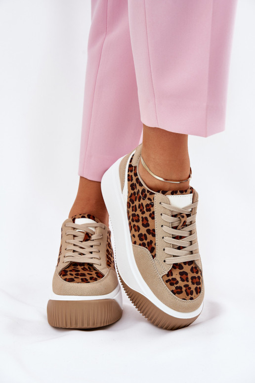 Chaussures modèle baskets Féminin avec une plateforme avec des motifs en fourrure de léopard beige Tamorniel