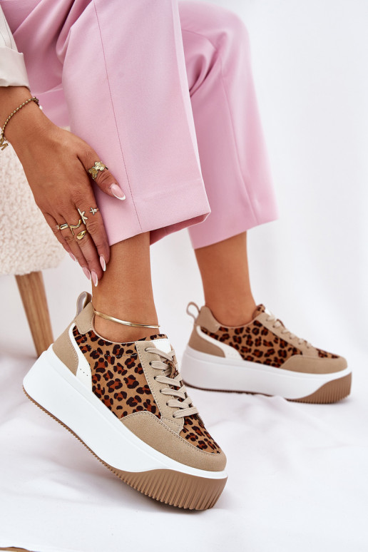 Sneakers Stilvollllschuhe Feminin mit einer Plattform mit Leopardenfellmuster Beige Tamorniel