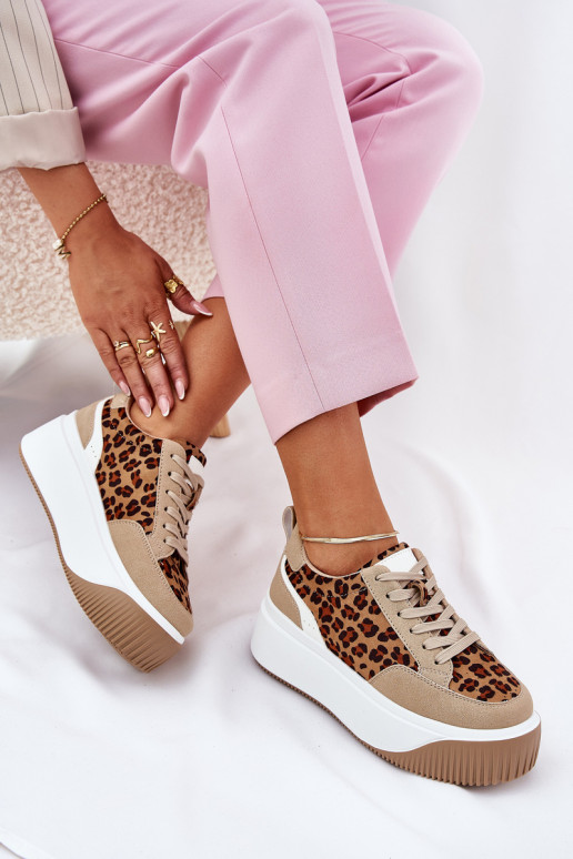 Sneakers Stilvollllschuhe Feminin mit einer Plattform mit Leopardenfellmuster Beige Tamorniel